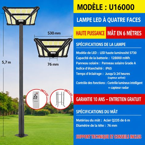 Lampadaire solaire extérieur LED soucoupe U16000 mât 6 m éclairage 150 m² u16000 6 150 3 kg – Livraison gratuite