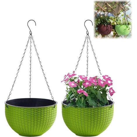 Ensemble de 2 Pots de Fleurs Suspendus avec chaîne en Acier Inoxydable, Pots de Fleurs Suspendus pour Balcon intérieur et extérieur et Pots de Fleurs Suspendus(Calibre 21cm,vert) (1/4)