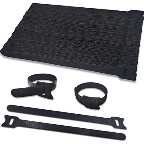 100 Stück Kabelbinder, Klett-Kabelclips, 200 mm x 12 mm, wiederverwendbar, leicht zuschneidbar zum Organisieren und Verwalten aller Kabel, 12 mm breit, selbstklebend, schwarz, 200 mm x (1/5)