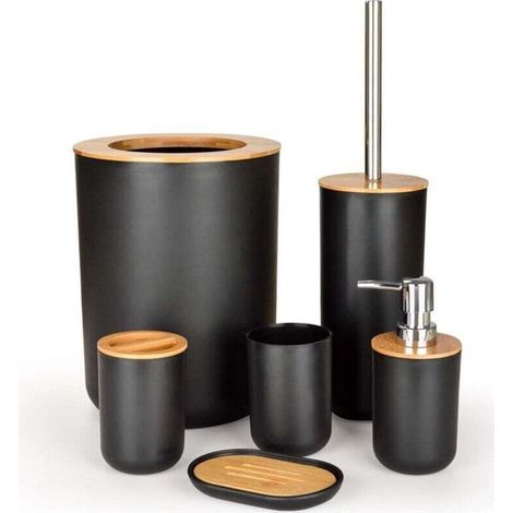 Ensemble 6 Pièces Accessoires Salle de Bain Bambou Inclus Bouteilles Lotion Porte-Brosse à Dents Tasse Dent Porte-Savon Brosse Toilette Poubelle- (1/4)