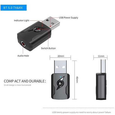 Adaptateur Bluetooth 5.0 avec faible latence – Émetteur-récepteur audio pour TV, PC, voiture – Câble audio 3,5 mm inclus (1/4)