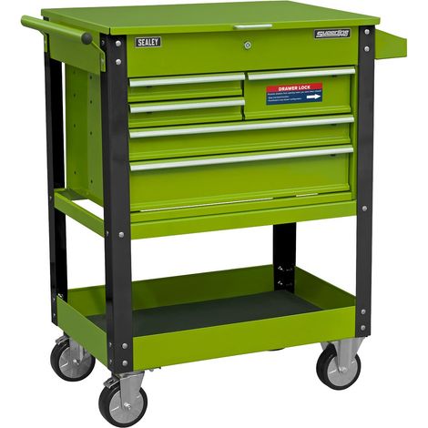 Sealey Heavy-Duty Mobile Tool & Parts Trolley with 5 Drawers and Lockable Top- Hi-Vis Green AP890MHV