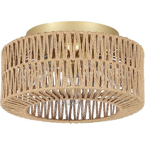 Plafonnier Boho Style, Plafonnier en Rotin 3 Flammes Salon, Lampe de Plafond Boho avec Abat-jour en Rotin, Plafonnier en Bambou Chambre, Plafonnier Vintage, Lampe Boho pour Cuisine, Entrée [Classe éne (1/5)