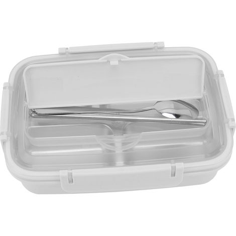 Boîte à lunch à 3 compartiments en acier inoxydable 304, cuillère et baguettes assorties en plastique, idéale pour le bureau (blanche). (1/5)