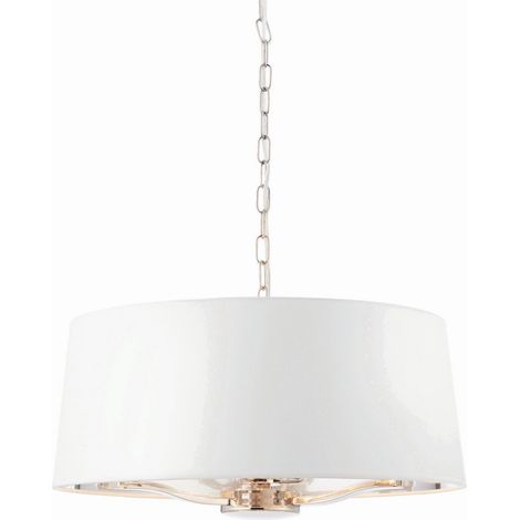 Lampe à suspension cylindrique à bras multiples plaqué nickel brillant, tissu blanc vintage (1/5)