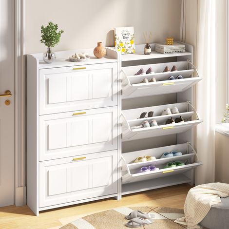 Zapatero de MDF y tablero de partículas blanco, juego de 2, 70 x 24 x 120 cm, 3 puertas abatibles (1/5)