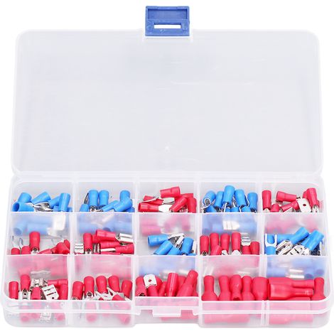 Kit de 140 connecteurs électriques isolés mâle-femelle, cosses plates et anneaux à sertir, assortiment de bornes pour câblage. (1/5)