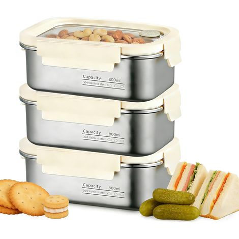 Lot de 3 Boîtes Hermétiques en Inox, 800ml Boîtes Alimentaires en Acier Inoxydable avec Couvercle, Boîtes de Conservation Hermétiques, Boîtes en Inox pour Micro-ondes et Congélation (1/5)