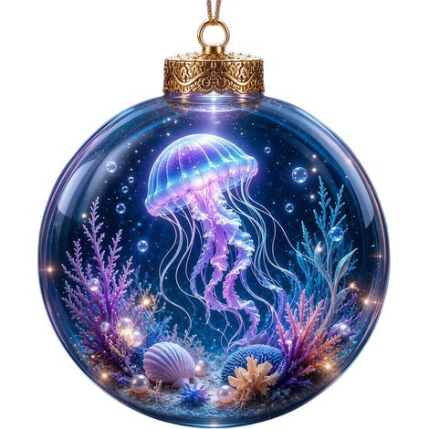 Un pendentif boule de cristal sur le thème marin, une boule de cristal lumineuse 3D en forme de méduse, un cadeau de décoration pour sapin de Noël, modèle F avec lumières. (1/3)