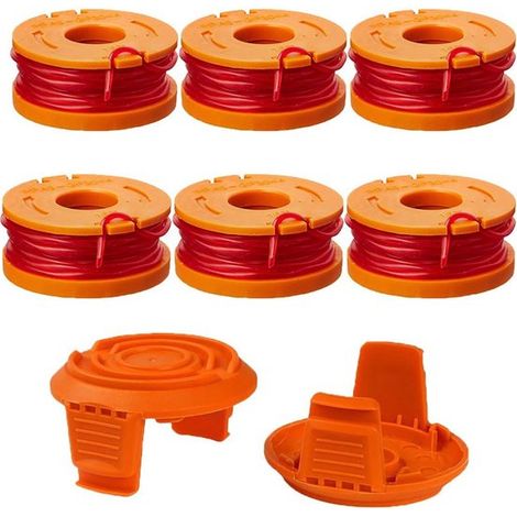Lot de 6 bobines de rechange avec 2 couvercles, compatibles avec coupe-bordures Worx WG154, WG155, WG163, WG175 et WG180, remplacement WA0010, WA0004, WA6531 et 50006531 (1/5)