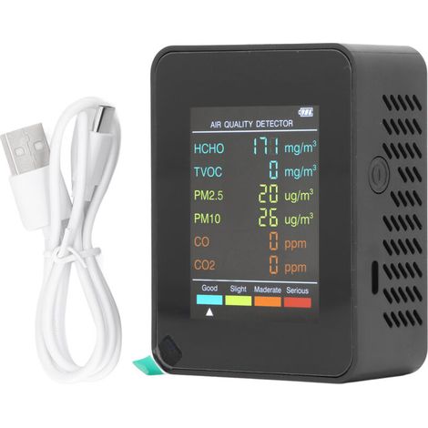 Jeffergarden Détecteur portable rétroéclairé de qualité de l'air CO2, TVOC, HCHO, PM2.5 et PM10 avec alarme, noir (1/5)