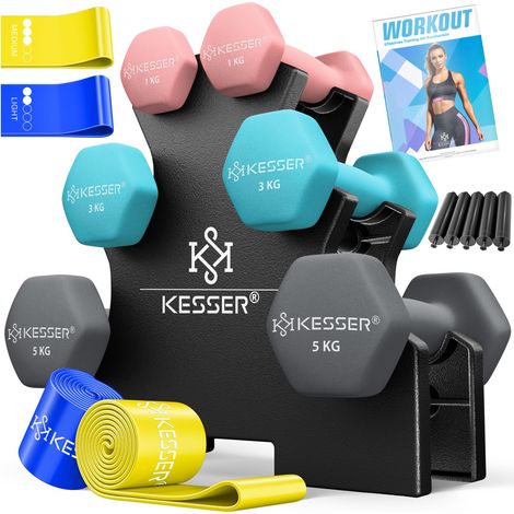 KESSER® Hantel-Set, 3 Paar 12kg oder 18kg  Kurzhanteln mit Ständer für Fitnessstudio, Krafttraining  Hantelset mit Übungsheft, 2x Fitnessbänder