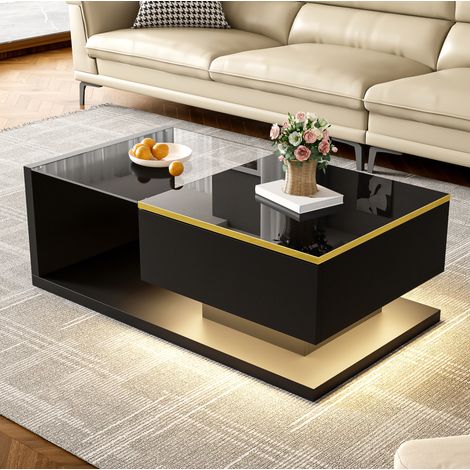 Tavolino LED 90 x 50 x 32,5 cm in vetro temperato, 16 colori, nero HAVRYA (1/5)