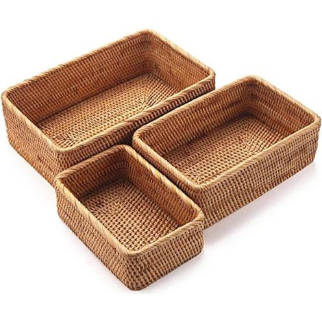 Aufbewahrungskörbe aus Rattan, 3er Set Rechteckige Flechtkörbe als Obstkorb & Organizer für Regal, Schrank, Küche (Nature) (1/5)