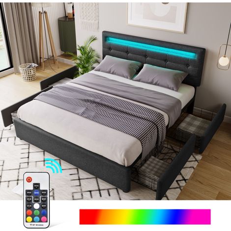 Letto matrimoniale imbottito 140x200 cm con LED, 4 cassetti e testiera regolabile, nero, senza materasso