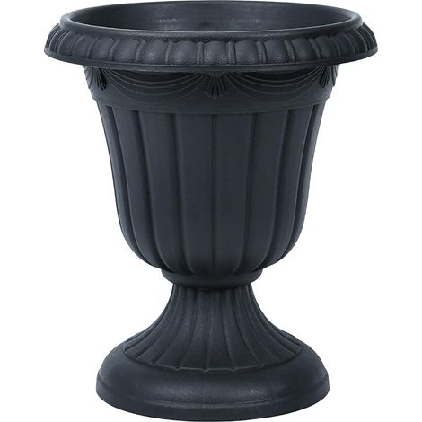 Large Planter Urn, Classic Indoor Outdoor Flower Pot, Plastic Planter with High Pedestal, Vintage Design, Black (1/5)