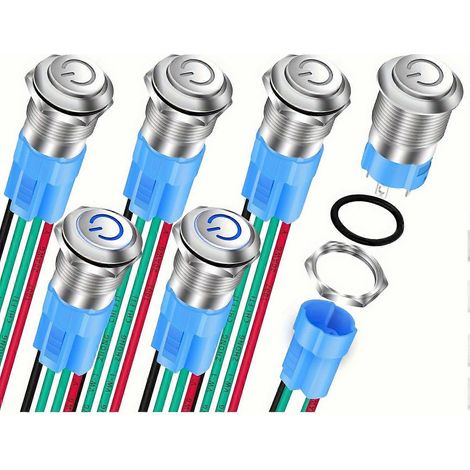 6 Stück 12 mm rastender Metall-Drucktastenschalter Edelstahl, blaue LED EIN/AUS, Dauerstrom-Logo, 4-polig, Schalttafelmontage, Lötanschluss, 36 V, Da (1/5)