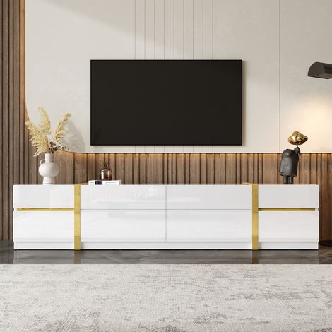Meuble TV, 180 x 40 x 38 cm, finition laquée brillante, bords dorés, avec tiroirs et portes, style moderne, pour le salon, blanc