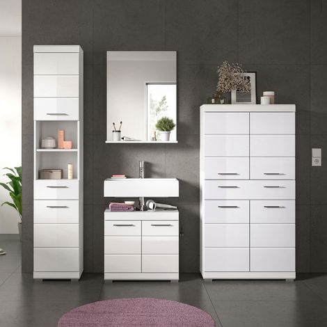 Meuble sous lavabo + 2 meubles + miroir blanc brillant - KAN (1/5)