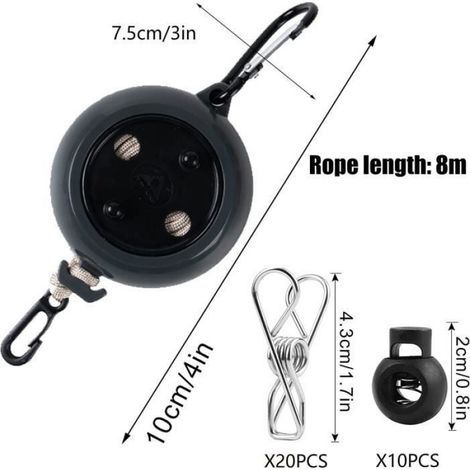 8m Corde à Linge Retractable avec 10 Boucles Fixes et 20 Pinces Coupe-Vent, Étendoirs Portable pour Jardin, Camping-Car, Voyage (1/4)