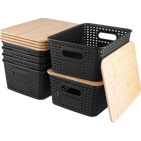 Lot de 6 Boîtes de Rangement avec Couvercle en Bambou - 25,5 x 18,5 x 10,5 cm - Plastique PET - Empilables - Pour Cuisine, Salle de Bain, Bureau, Dressing - Noir (1/5)