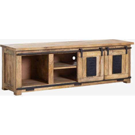 Sklum – Meuble TV 160x40 cm en bois de manguier – Détails en fer vieilli – 3 compartiments avec portes coulissantes – Design industriel