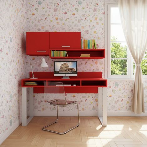 Scrivania con pensili design moderno e libreria sospesa - Angolo studio completo - Rosso