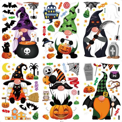 Halloween-Wandtattoo mit Gnom, Spinne, Fledermaus und Kürbis – Wandbild für Halloween-Partys, Tür- und Fensterdekoration, Geschenkidee
