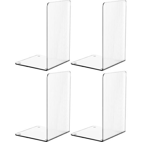 Paquete de 4 sujetalibros de acrílico transparente para estantes con tapetes antideslizantes, diseño único, decorativos para el hogar, la oficina y la escuela. (1/5)