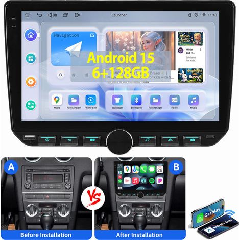 6+128G Pour Audi A3 8P 2003-2012 Autoradio Android 15 GPS SAT WiFi Carplay RDS 6+128G (1/4)