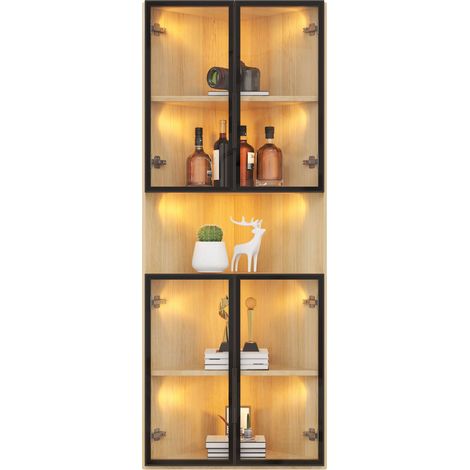 Vitrine Chêne en MDF, verre et bois, Avec Éclairage LED et Étagères Réglables, 62 x 32 x 160cm - pour bureau, salon (1/5)