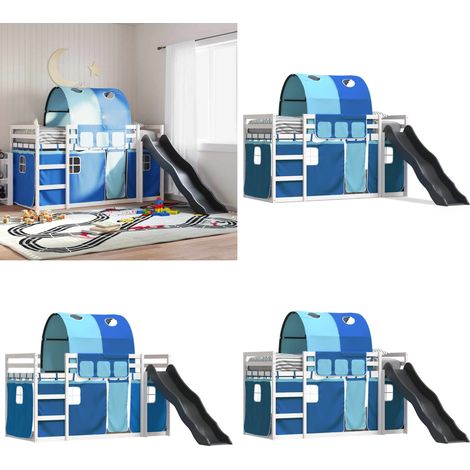 Etagenbett mit Rutsche und Gardinen Blau 90x200 cm - Hochbett für Kinder - Holzbett