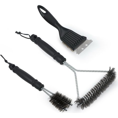 Lot de 3 brosses de barbecue 3 en 1 en acier inoxydable pour grille en fonte - Avec grattoir et poignée de protection contre la chaleur - Pour barbecue à gaz, électrique, charbon de bois (1/5)
