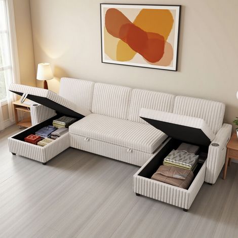 Canapé Panoramique Convertible en U 6 Places, Modulable, Couchage Extractible, 2 Méridiennes Coffres, USB-C, Velours Côtelé Beige (1/5)