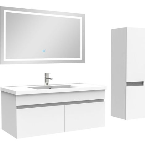 Ocean Ensemble meuble salle de Bain 100cm simple vasque avec colonne + miroir 3 couleurs blanc