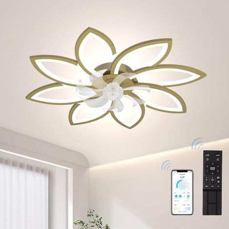 Goldener LED-Deckenventilator mit Blumenmuster, verstellbarer Motor, App-Fernbedienung (1/5)