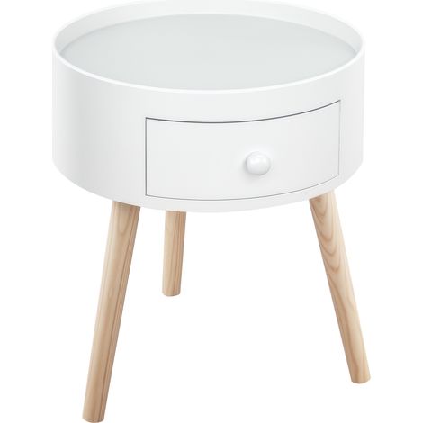 Tavolino moderno, tavolino da caffè piccolo, comodino rotondo con cassetto e gambe in legno per soggiorno, camera da letto, bianco