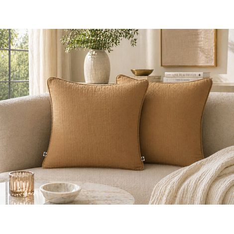 Lot de 2 coussins 45 x 45 cm gaze de coton Camel – Déhoussables zip – Passepoil (1/5)