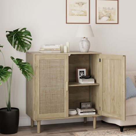 Aparador de almacenamiento de 80x40x88 cm con 2 puertas y estantes abiertos, ratán, tiradores de madera, color natural (1/5)