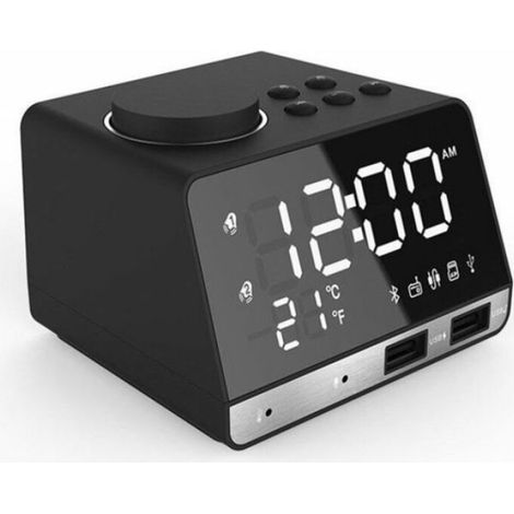 LED double réveil miroir horloge Radio enceinte pour salle de bain basse sans fil bluetooth + port USB + FM Noir noir (1/4)
