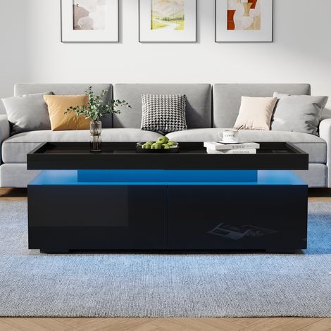 Table basse 95x45x35 cm noire en panneaux de particules avec LED, 2 tiroirs et rangement intégré (1/5)