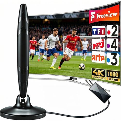 Antenne TV Interieur avec Base Magnétique, Antennes TNT Amplificateur, Compatible 4K 1080P, Toutes Chaînes TNT, Câble Coaxial 5m (1/5)