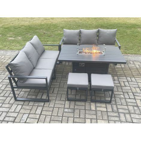 Fimous Aluminium 8 Seater Outdoor Garden Furniture Lounge Sofa Set Gas Fire Pit Dining Table with 2 Small Footstools Dark Grey (1/5)