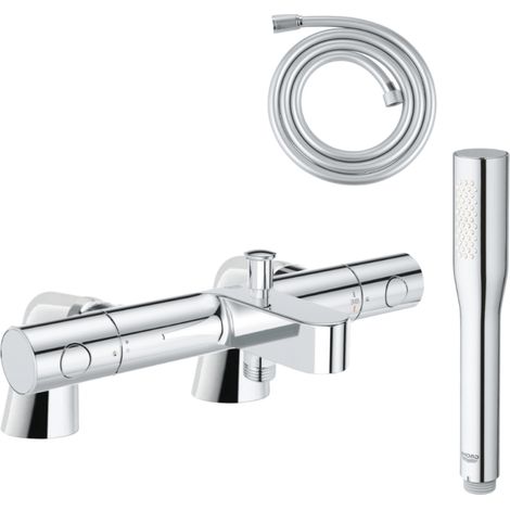 Pack mitigeur thermostatique GROHE Get avec colonnettes + Douchette 1 jet Vitalio Get Stick + Flexible 1750 mm