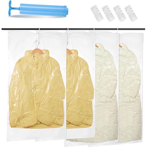 Lot de 4 sacs de Rangement sous Vide Suspendre pour vêtements,Transparents et réutilisables Housse sous vide à Suspendre Sacs de Rangement(2 longs 135x70cm et 2 courts 110x70cm)+Pompe Manuelle (1/5)