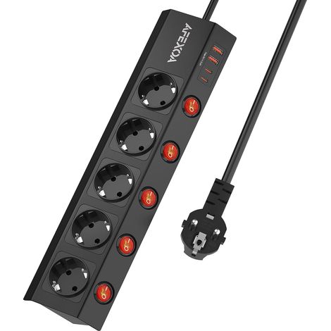 Multiprise avec Interrupteur Individuels, 5 Prises, 2M Cordon, Noir  3680W/16A, 2 Port USB-A et 2 Port USB-C, Total 5V/3.4A, Parafoudre, Pour Maison Bureau (1/5)