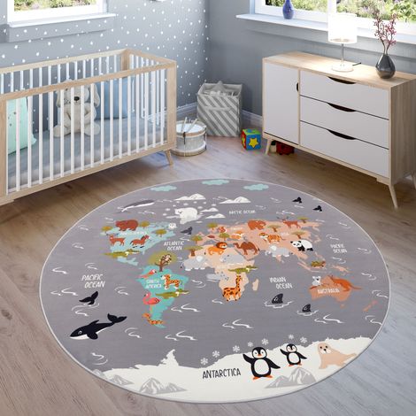 Paco Home Kinder-Teppiche, Kurzflor-Teppiche für Kinderzimmer mit vers. Designs Spielteppiche Bunt 200 cm Rund, Grau 3