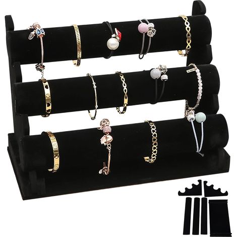 Samt-Armbandständer mit 3 abnehmbaren Ebenen: schwarzer Ständer für Armbänder und Schmuck für Damen und Mädchen, Schmuckhalter aus Samt, Schmuckständer für Armbänder, Halsketten und