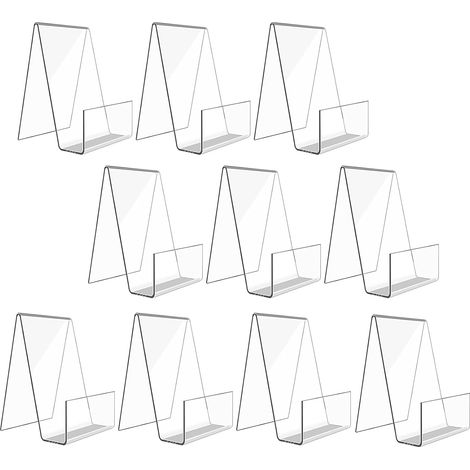 Juego de 10 soportes para libros de acrílico transparente, dimensiones 75×90×105 mm, carga máxima 15 kg.