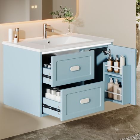 Mobile da bagno sospeso - 76x46x51 cm - Illuminazione LED con sensore radar - Lavabo in ceramica - Blu classico e bianco